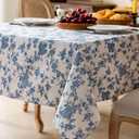 Square Tablecloth 55 x 55 Inch - Vintage Beige Linen Look Table Cloth - Machine Washable Farmhouse Pastoral Water Resistant Table Cover, Picnic, Indoor Kitchen Outdoor & Dining, Blue Floral Flower