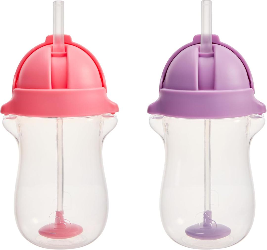 Munchkin Any Angle Weighted Toddler Straw Cups with Click Lock Lid, 10 Ounce, 2 Pack, Pink/Purple