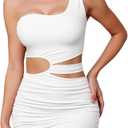 Womens One Shoulder Cutout Slim Fit Bodycon Dresses Ruched Hollow Out Slanted Collar Sleeveless Mini Sexy Dresses (Small, White)