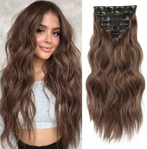 NAYOO Clip in Hair Extensions for Women 20 Inch Long Wavy Curly Chestnut Brown Hairpieces Full Head Synthetic Hair Hairpieces(6PCS,Chestnut Brown)