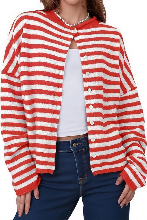 GREAIDEA Womens Striped Cardigan Sweaters Casual Trendy Open Front Long Sleeve Button Down Lightweight Knit Fall Sweater M