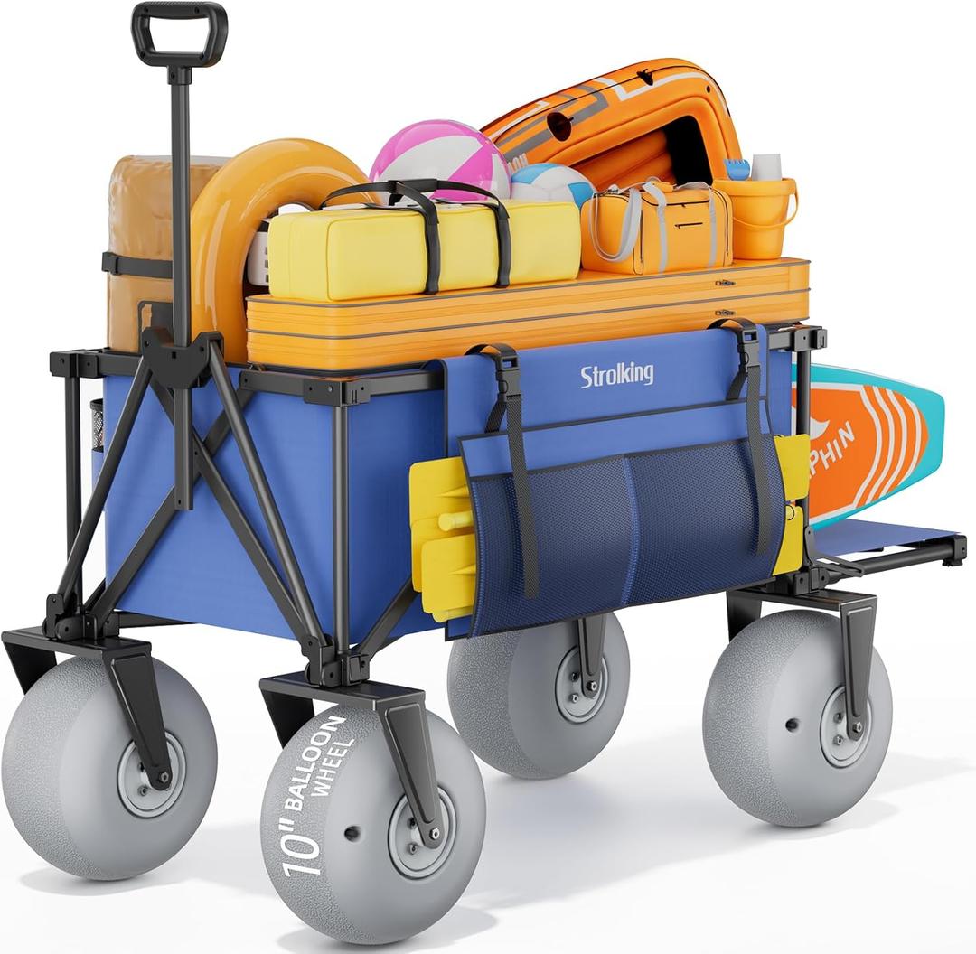 51" Beach Wagon with 10" PU Balloon Wheel,440LBS Beach Cart with Rear Tailgate, Foldable Wagon for Sand, Grass and Gravel,Blue (Pump Included)