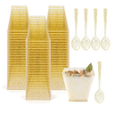 Tebery 100 Pack 8oz Gold Glitter Medium Plastic Dessert Cups With 100 Spoons Square Dessert Bowls for Tasting Party Desserts Appetizers