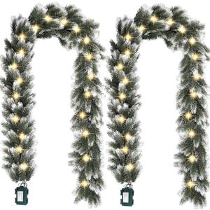 2 Pack Pre Lit Snow Flocked Christmas Garland 6 ft Artificial Christmas Garland with Warm White 30 LED Light and Timer Frosted Faux Pine Winter Garland for Home Indoor Outdoor Mantel Seasonal Decor