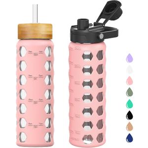 MUKOKO Glass Water Bottles, 24oz Glass Tumbler with Straw, Drinking Bottles with 2 Lids-Handle Spout Lid&Bamboo Straw Lid, Motivational Water Bottle with Time Marker and Silicone Sleeve, 1 Pack-Pink