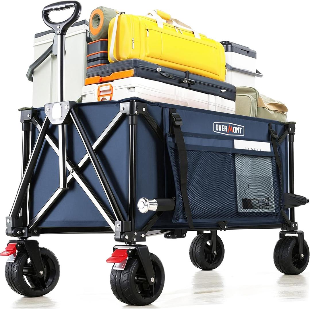 Overmont Collapsible Wagon Cart with Wheels - Foldable Heavy Duty Wagon with Big All-Terrain Wheels - 330Lbs Weight Capacity with Side Pockets for Camping Sports Garden Grocery Shopping Blue (Navy)