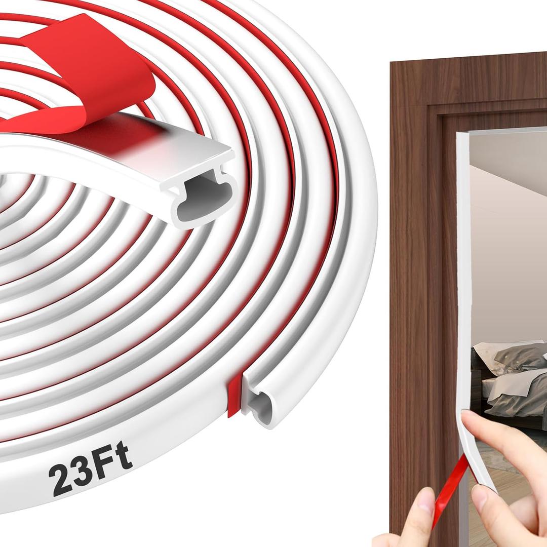 alophoty Weather Stripping Door Seal - 23 Ft Self-Adhesive TPE Rubber Door Seal Strip for Door Frame/Window Seal, Soundproofing & Insulation Strip to Block Drafts, Wind, Noise, Dust (White) (White D (WH: 0.350.24 in))