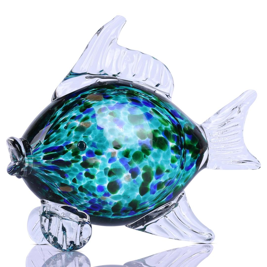 Large Glass Fish Figurine for Home Decor, Hand Blown Art Glass Ocean Animal Statue, Decorative Coastal and Beach Themed Sculpture for Table, Shelf, Bathroom, Living Room or Office
