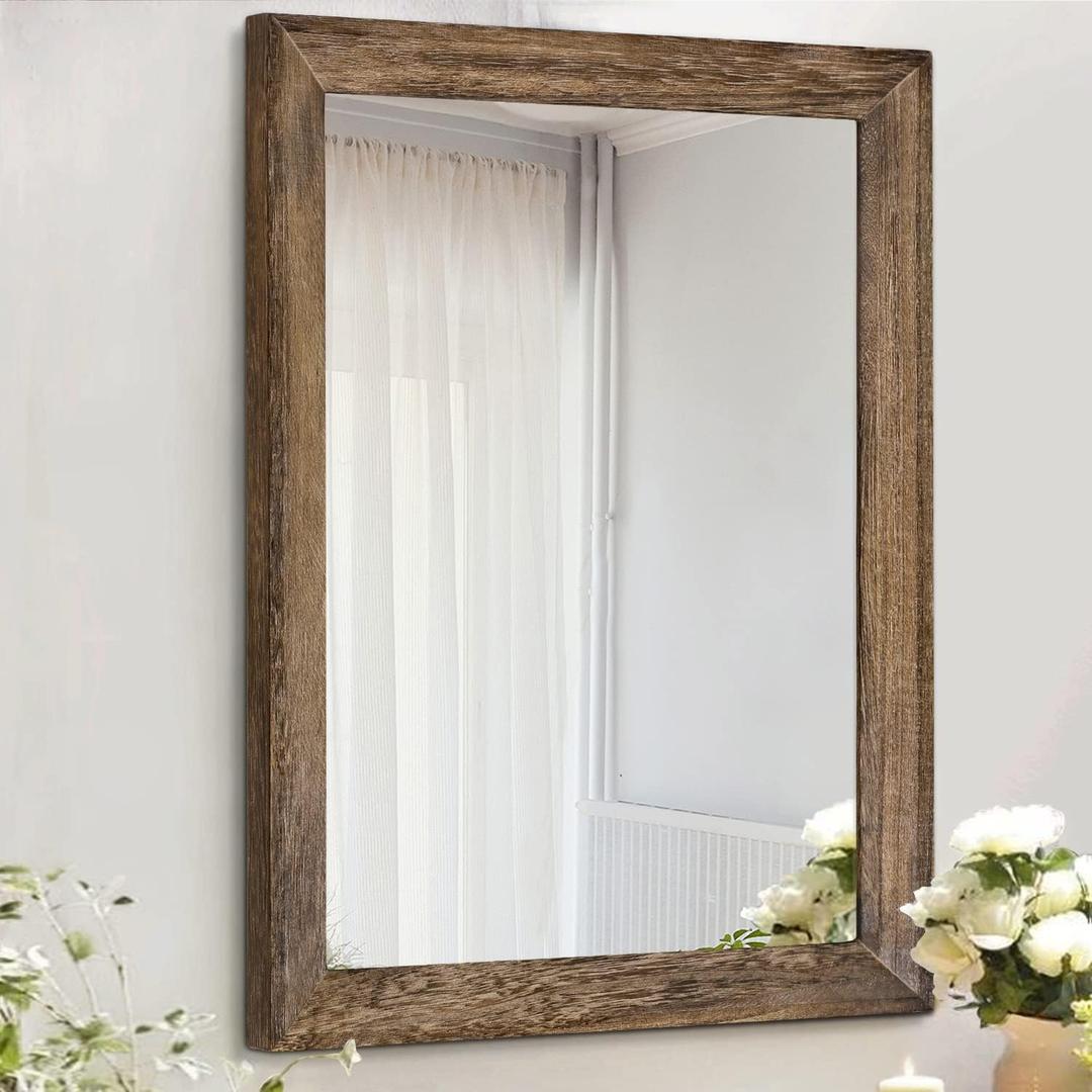 AAZZKANG Rustic Wood Mirror Rectangle Decorative Wall Mirrors with Frame Large 20"x16"for Bedroom Living Room Bathroom Entryway Hanging Brown