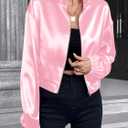 Verdusa Women's Bomber Satin Lightweight Jacket Drop Shoulder Long Sleeve Zip Up Outerwear (Pink, X-Large)