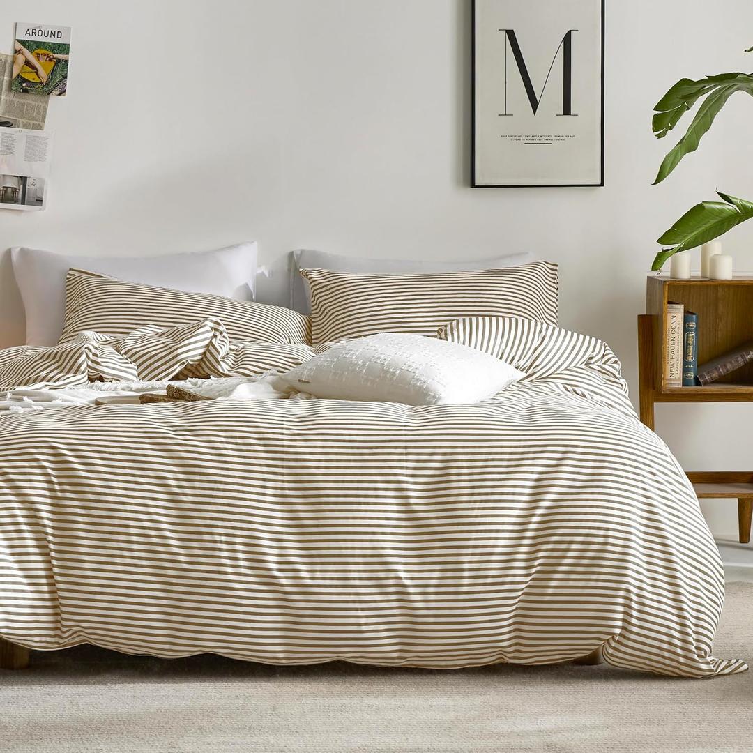 JELLYMONI 100% Natural Cotton 3pcs Striped Duvet Cover Sets, White Duvet Cover with Khaki Stripes Pattern Printed Comforter Cover, with Zipper Closure & Corner Ties(Full Size)