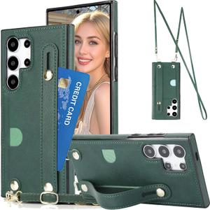 Samsung Galaxy S24 Ultra Crossbody Case with Card Holder & Wrist Strap, PU Leather Cover with Adjustable Shoulder Lanyard & Wristband for Galaxy S24 Ultra XK-Green
