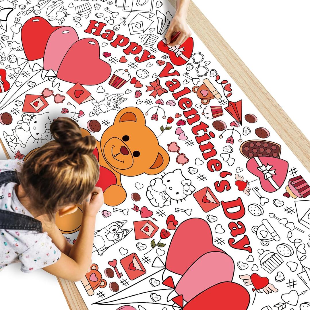 6 x Valentines Day Giant Coloring Poster/Tablecloth - Valentines Crafts for Kids - 30 x 72 Inches Jumbo Coloring Banner Kids Games Gifts Activities Decor Party Favors
