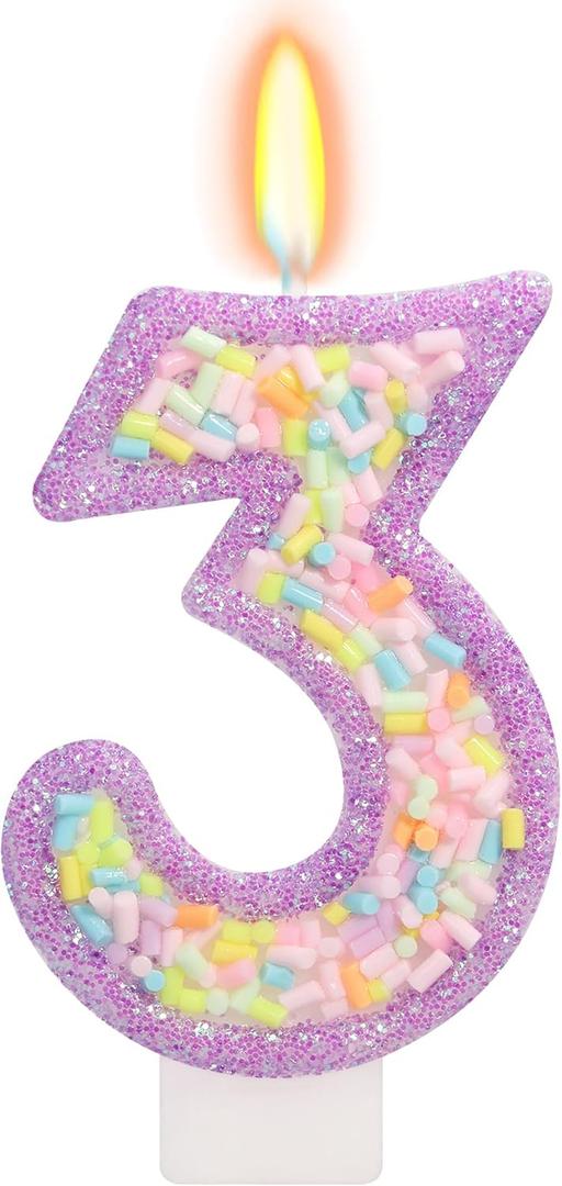 Number 3 Birthday Candle with Sprinkles, Pastel Purple Unicorn Rainbow Cake Topper, Sweet Candyland Party Decorations for Girl Boy 3rd Birthday