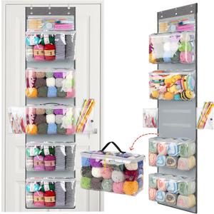 Katech Hanging Yarn Storage Organizer, Over The Door Storage w/Large Capacity Knitting Bag, Yarn Organizers with 6 Zipper Closure Compartments & Detachable Crochet Bag for Yarns Enthusiasts