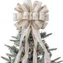 Christmas Tree Topper, 40x13 Inches Toppers Bow with Glitter Satin Mesh Streamer and Patterned Ribbon, Christmas Tree Topper Bow for Christmas Home Decoration (White Golden)