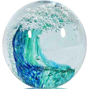 Hand Blown Ocean Wave Glass Paperweight - Blue Sea Glass Art for Beach Home Decor, Unique Gift for Ocean Lovers, Coastal Office Desk & Bathroom Decorations (Light Green)
