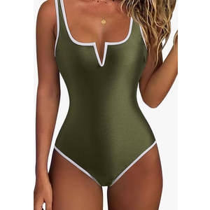 SUUKSESS Women Sexy Tummy Control One Piece Swimsuits Color Block High Cut V Wired Bathing Suits Backless Swimwear 2026(Olive Green,Large)