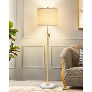Modern Floor Lamp for Living Room, Adjustable Height Standing Lamp with Marble Base, Gold Tall Pole Light with Linen Shade for Reading Bedroom, Chain Switch, 8W 3-Way Dimmable Bulb Included