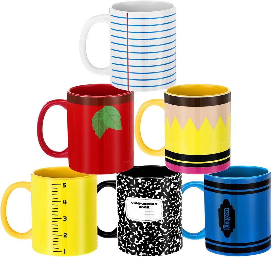 6 Pcs Christmas Teacher Appreciation Gift Bulk 11 oz Coffee Mugs Set Ceramic Coffee Mug with Handles for Christmas Thanksgiving Gifts Pencil Notebook Design for Kindergarten Preschool Primary Teacher