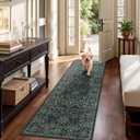Woaboy Washable 2x6 Runner Area Rug, Hallway Kitchen Bedroom Beside Laundry Room Bathroom RugNon-Slip Low Pile Stain Resistant Soft Carpet for Vintage Boho Floral Home Decor Dark Green/Navy/Black