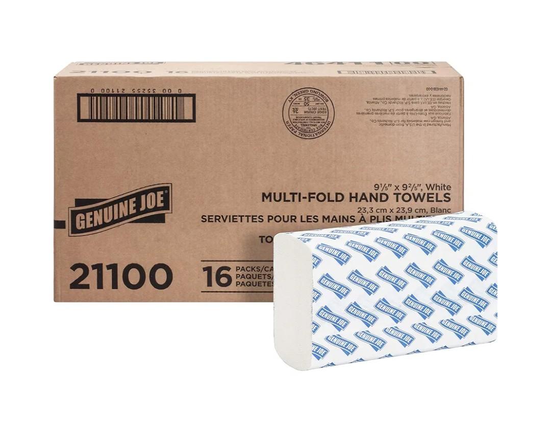 Genuine Joe Multifold Hand Towels, 9.5" x 9.10", 1-Ply, White, 250/Pack, 16 Count