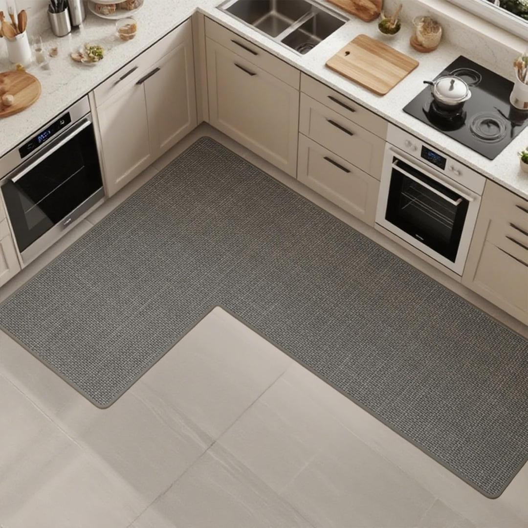 Anti-Slip Corner Kitchen Rug, 1 Piece L-Shaped Floor Mats,Super Absorption Linen Corner Mat for Home,Kitchen (Grey Right-L, 39''X59''X18'')