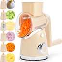 SUSTEAS Rotary Cheese Grater with Handle, Vegetable Slicer, 6 Interchangeable Blades, Reinforced Suction, Easy to Clean, Kitchen Shredder for Crushed Ice, Fruits, Nuts with Blade Storage Case, Beige