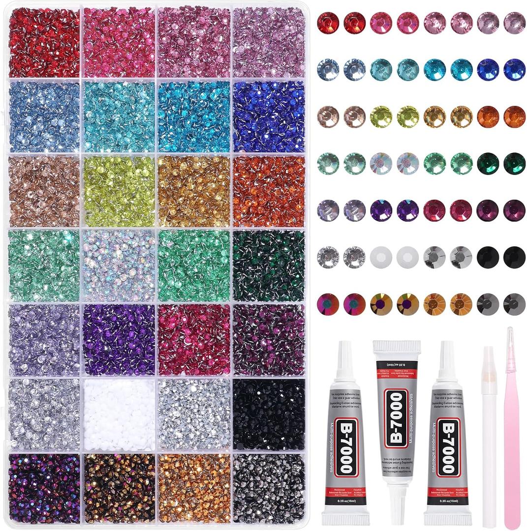 6 x 32000Pcs Color Rhinestones Bedazzling Kit, 3mm Flatback Pink Purple Blue White Colored Gems for Crafting, Bedazzling Kit for Crafts Clothing Shoes Bottle Diamond Nail Art Face DIY