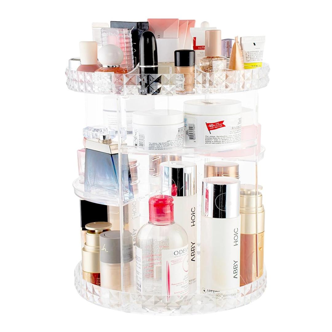 V-HANVER 360 Rotating Makeup Organizer Perfume Organizer Clear Cosmetic Storage Display Case Large Capacity Acrylic Beauty Holder Adjustable Partition Height for Bedroom Dresser or Bathroom Vanity