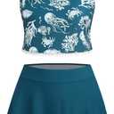 ZAFUL Women's Tankini Swimsuit Two Piece Tummy Control Tassels Bathing Suit Swimwear with Flowy Skirt (Blue, L)