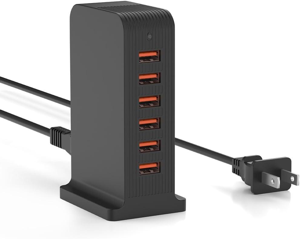 VPSUN USB Charger 6 Port 50W Multi USB Tower Charging Station for Multiple Devices iPhone 15/14/14 Pro/14 Pro Max/13 Pro/13 Pro Max/Android/Samsung/Tablet, etc (Black, 50W)