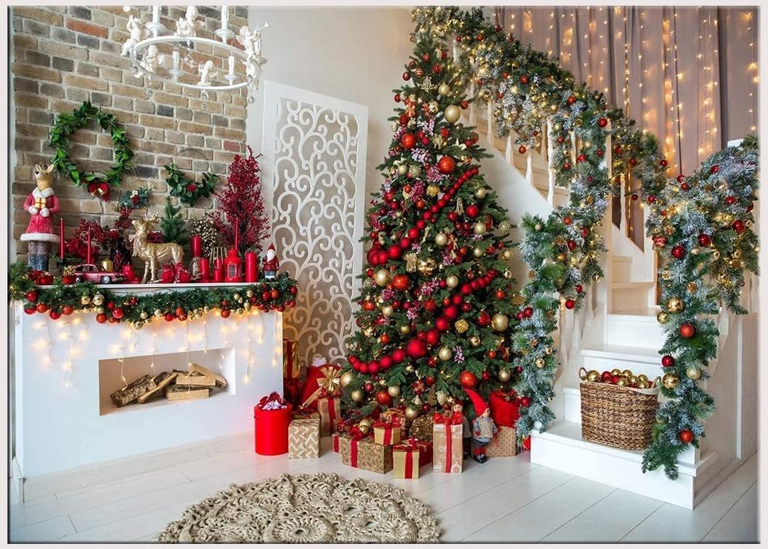 15' x 10' Christmas Photography Backdrops Christmas Fireplace Decoration Background Xmas Tree Gift Holiday Party Decoration Children Family Xmas Party Banner