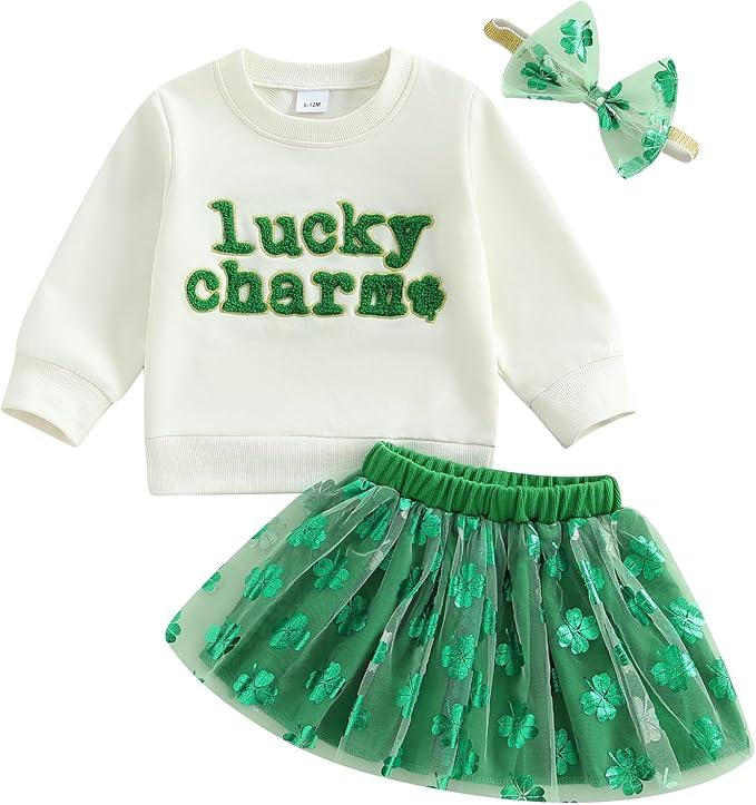 Amnnchya Toddler Baby Girl St Patricks Day Outfit Little Girl Clothes Skirt Set Lucky Charm Sweatshirt Clover Tutu Dress (Green, 2-3T)