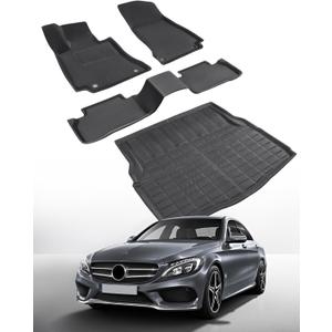Car Floor Mat for Mercedes-Benz: C Class Accessories 2015 2016 2017 2018 2019 2020 2021 All Weather Rubber Carpet Liner Custom Fit C300 AMG Luxury Model Front Rear Trunk Floormat Carbon Fiber Matt