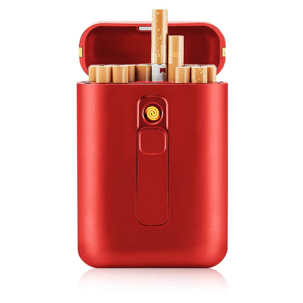 Cigarette Case with Lighter Cigarettes Box King Size Portable Pack 20pcs Regular Size Cigarettes USB Lighters 2 in 1 Rechargeable Flameless Windproof Electric Lighter(Red)