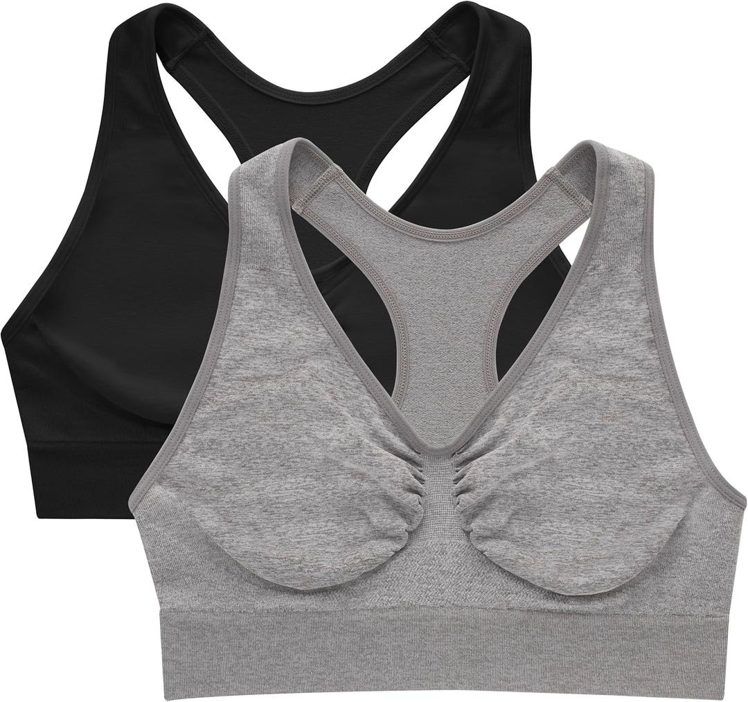Hanes Women's Seamless Racerback Bra, Pullover Full-Coverage Bralette, 2-Pack (Medium, Concrete Heather/Black)