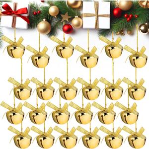 Newcotte 24 Pcs Christmas Gold Jingle Bells Ornaments Small Metal Gold Bells Xmas Brass Bell for Crafts with Hanging Rope for DIY Christmas Tree Wreath Holiday Decoration(1.18 Inch)