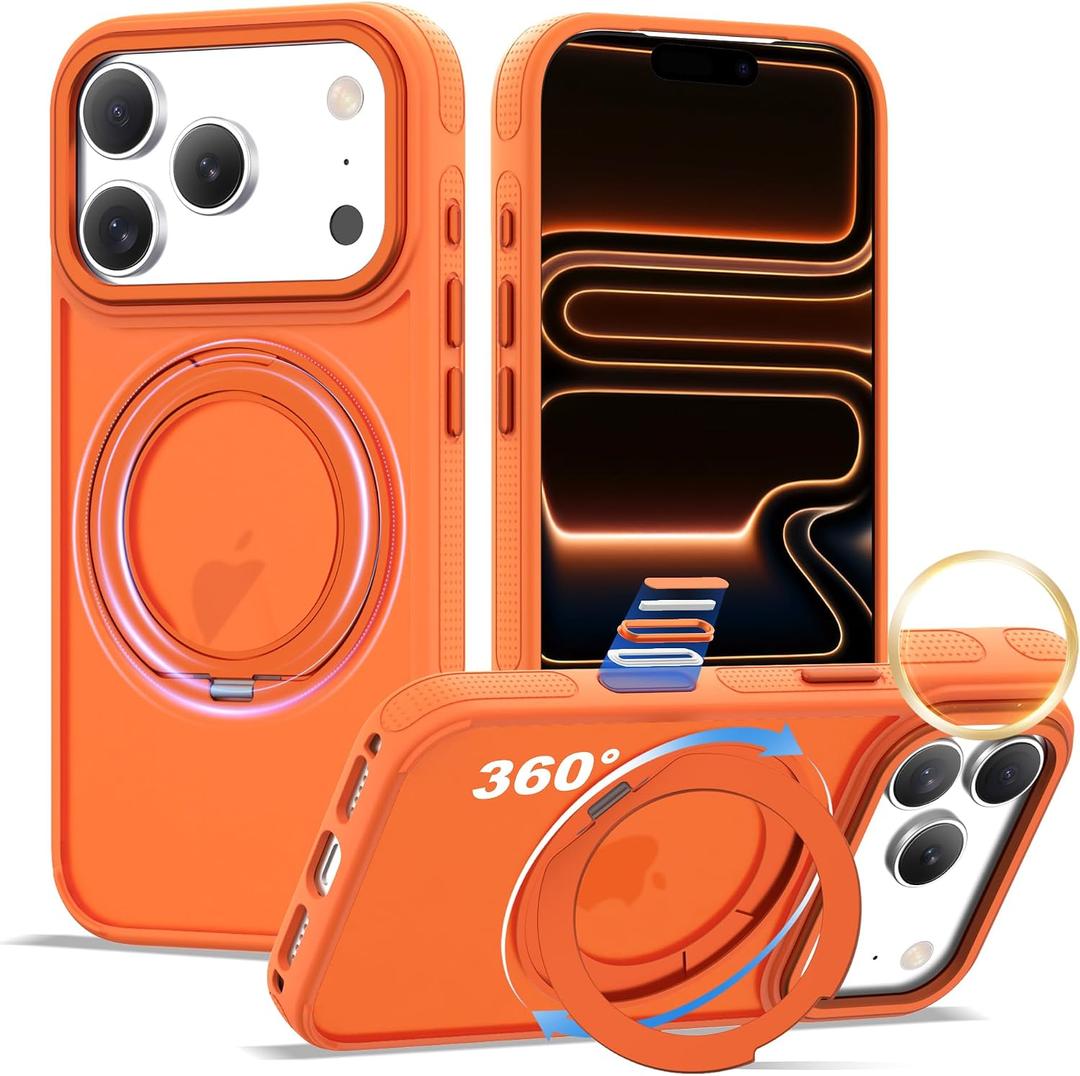 XIQI Compatible with iPhone 17 Pro Case 6.3'' with Magnetic 360 Rotatable Ring Stand & AI Camera Control Button[Compatible with Mag-Safe] Translucent Matte Phone Cover for Men Wowen,Orange