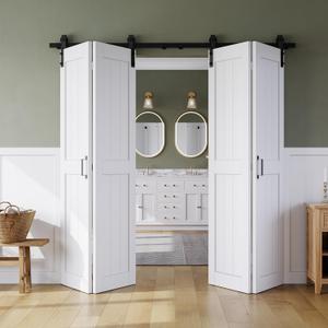 Bifold Barn Door 60" x 84", MDF Bi-Fold Sliding Closet Doors with Hardware Kit Included, Pre-Finished Easy Assembly, Water-Proof PVC Surface & Save Space, H-Frame, 68" Track for 4 Doors,White Bifold Barn Door 60" x 84", MDF Bi-Fold Sliding Closet Doors with Hardware Kit Included, Pre-Finished Easy Assembly, Water-Proof PVC Surface & Save Space, H-Frame, 68" Track for 4 Doors,White