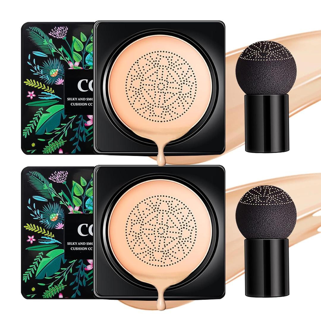 Mushroom Head Air Cushion CC Cream Foundation,2PCS Moisturizing BB Cream Cushion Foundation Makeup,Full Coverage Long Lasting Matte Concealer Base de MaquillajeNatural