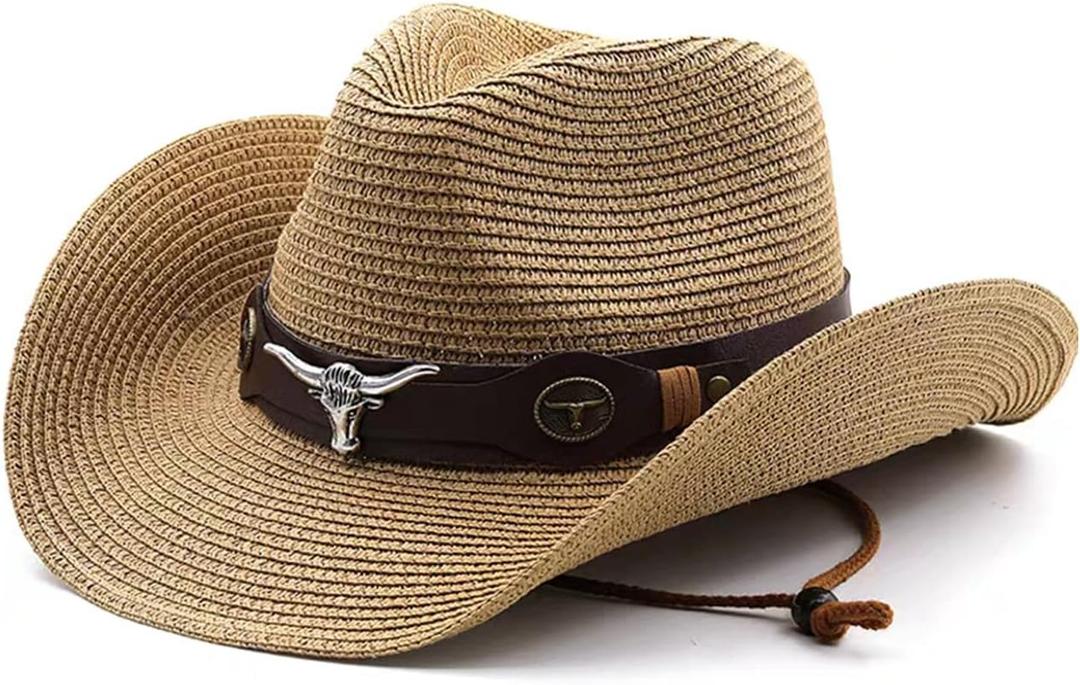 Women's Western Straw Cowboy Hats Men's Straw Cowgirl Hat Wide with Shapeable Wide Brim Foldable Vacation Beach Sun Hat (Khaki)