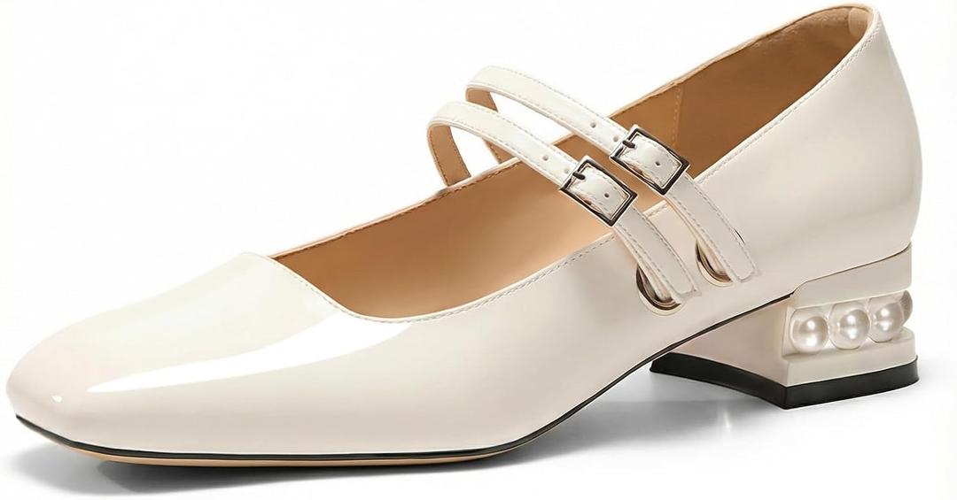 Women's Mary Jane Low Pearl Heels Closed Square Toe Pumps Ballet Dressy Double Strap Comfortable Slip on Shoes 6.5