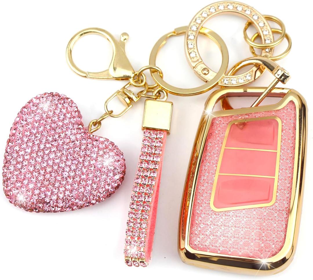 Key Fob Cover with Diamond Keychain Car Key Holder Compatible with VW Volkswagen Atlas Tiguan Passat Jetta GLI Taos Arteon Smart Remote Key Protector for Women, (Pink-Heart)