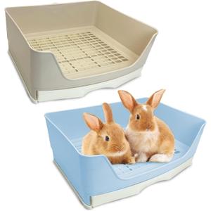 kathson 2PCS Large Rabbit Litter Box Trainer, Potty Corner Toilet with Drawer Bigger Pet Pan for Adult Hamster, Guinea Pig, Ferret, Galesaur, Bunny and Other Animals (Blue,Brown)