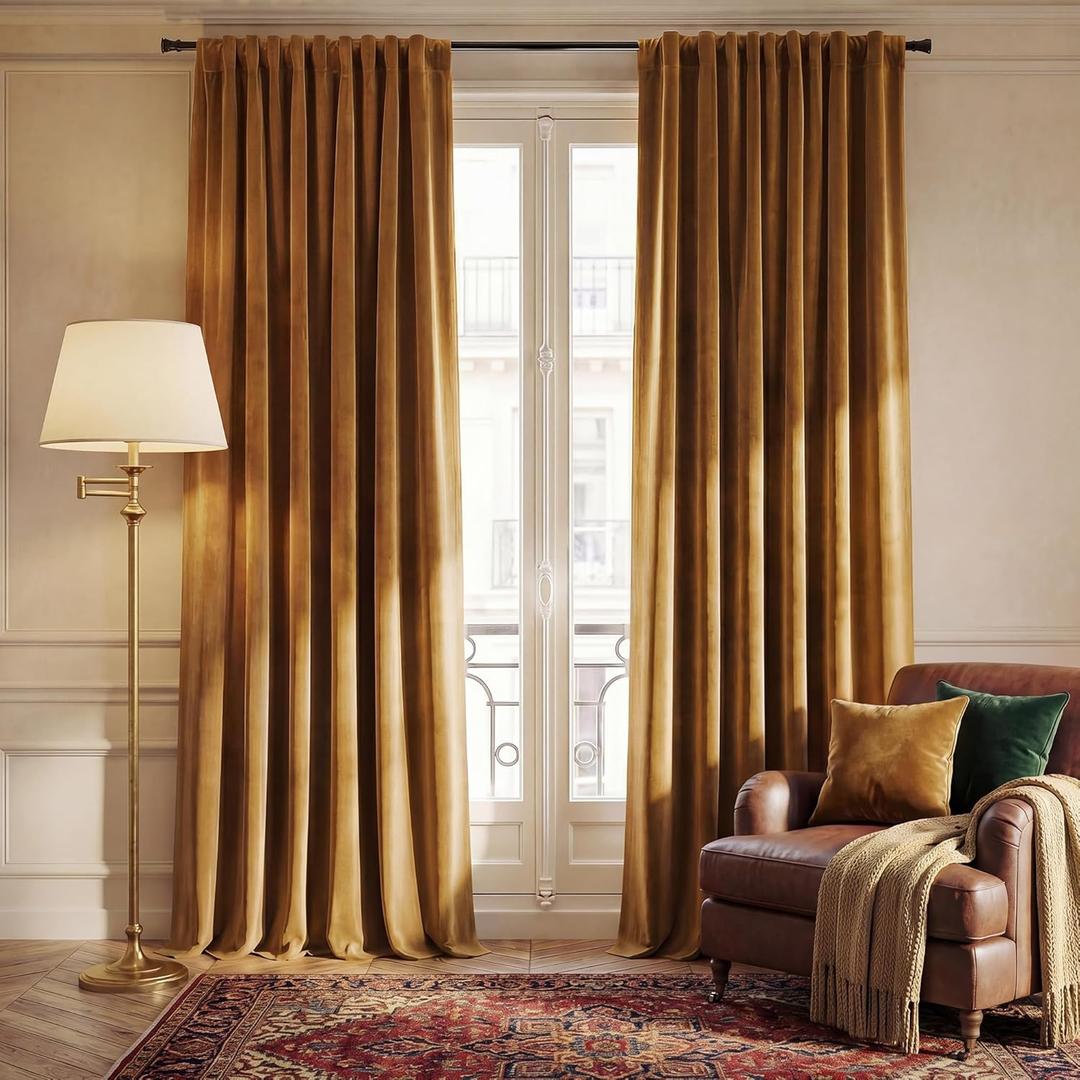 NICETOWN Gold Brown Blackout Velvet Curtains 108 inches Long, Rod Pocket & Back Tab Thermal Insulated Noise Reducing Window Treatments for Living Room, 2 Panels, W52 x L108
