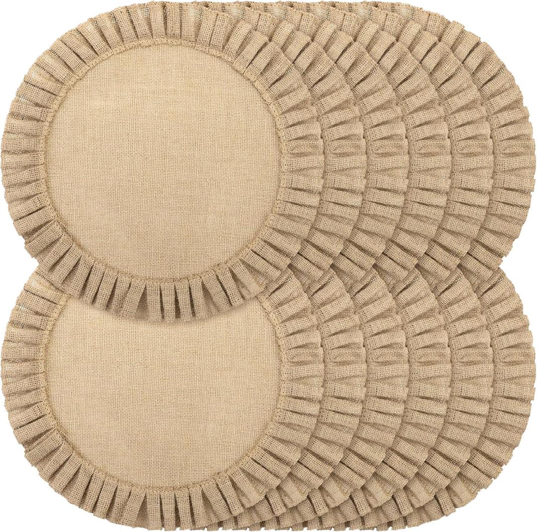 Aneco 12 Pack 15 Inch Round Burlap Placemats Braided Jute Placemats with Ruffle Edge Heat Resistant Reusable Brown Table Mats for Weddings Parties Holidays Dining Table