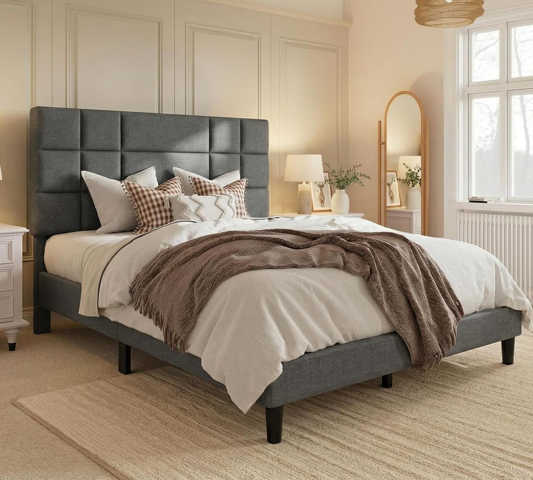 DWVO King Size Platform Bed Frame with Fabric Upholstered Headboard,Mattress Foundation with Wooden Slat Support, Noise Free/No Box Spring Needed/Easy Assembly, Gray