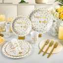 MotiMind 120 Pcs Happily Ever After Tableware Set Wedding Reception Party Table Decorations White and Gold Dot Paper Plates Cups Napkins Forks for 24 Guests Wedding Bridal Shower Engagement Party