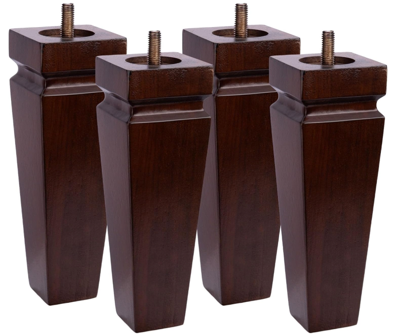 Square Wood Furniture Legs Set of 4 - Wooden Replacement Feet for Couch, Bed, Bench, Dresser, Rubber Wood Parts for Table, Sofa, Wooden Legs Chairs Complete with Installation Hardware (Brown, 8 inch)